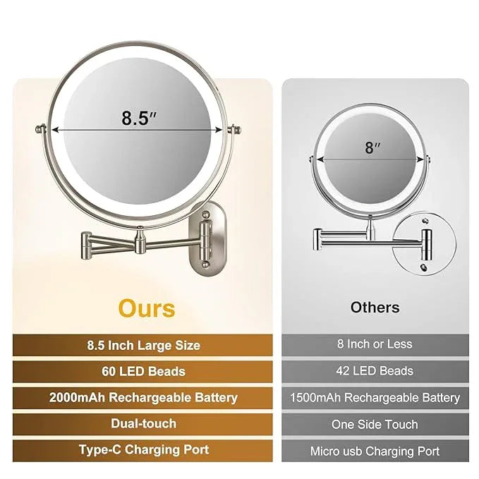 VORREMIRR Magnifying Mirror with Lights 1x/15x: 8.5" Double Sided Wall Mounted Lighted Makeup Mirror for Bathroom, 3 Color Lights & 360°Swivel Vanity Mirror, Brushed Nickel - ModernBath