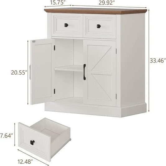 Vabches Farmhouse Buffet Sideboard with Drawers, Wood Pantry Cabinet with Storage, Rustic Storage Cabinet with Adjutable Shelf and Barn Door for Kitchen, Dining Room, Living Room, White - ModernBath