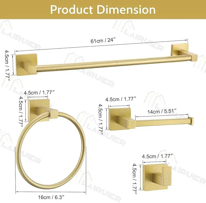 Lairuier 5-Piece Brushed Gold Bathroom Hardware Set, Bathroom Accessories Set with Towel Bar, Toilet Paper Holder and 2 Towel Hooks SUS304 Stainless Steel Towel Bar Set Wall Mounted - ModernBath