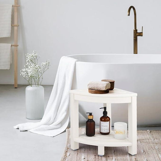 Apolimi HDPE Corner Shower Stool,Shower Bench Seat with Storage Shelf for Shaving Legs Plastic Spa Bath Step Foot Rest for Bathroom Small Place (White) - ModernBath