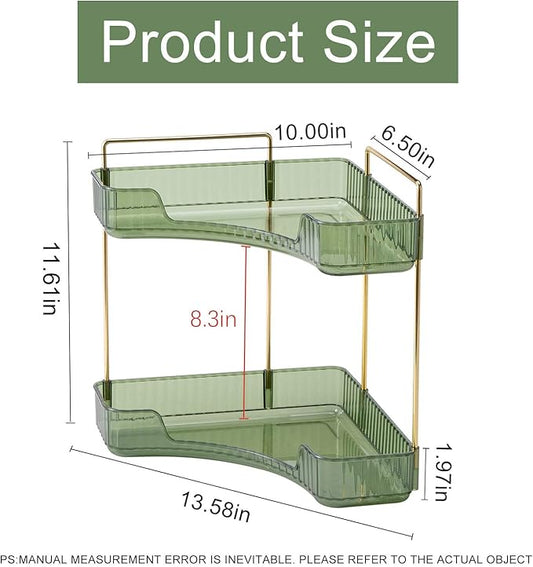 INVSSENE Corner Bathroom Countertop Organizer, Vanity Trays for Counter, Makeup Organizers, Perfume Tray, Kitchen Spice Rack, (Green, 2 Tiers)