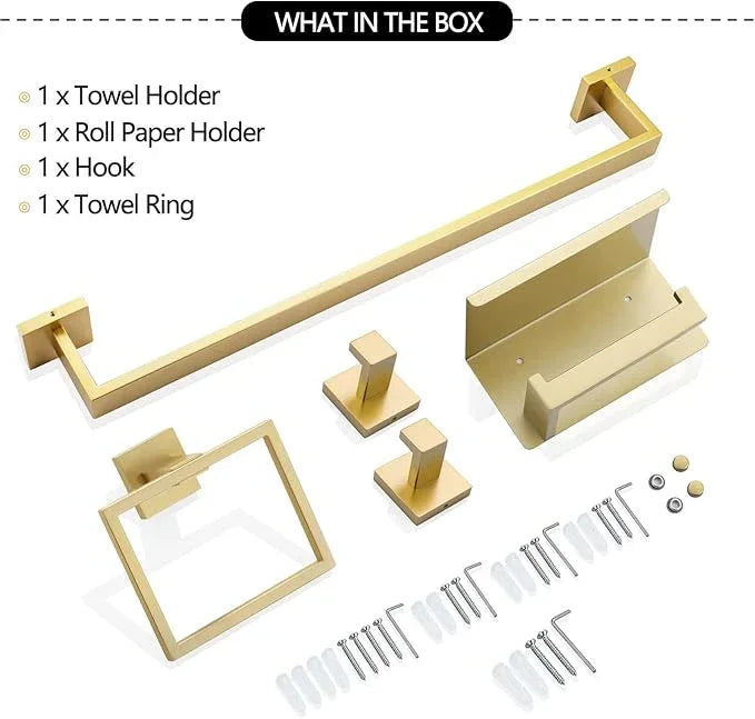 TNOMS 5-Piece Bathroom Hardware Set 23.6 Inch Gold Towel Bar Set Towel Bar Towel Ring Coat Hook and Toilet Paper Holder with Shelf Wall Mounted Stainless Steel Bathroom Accessories Set - ModernBath