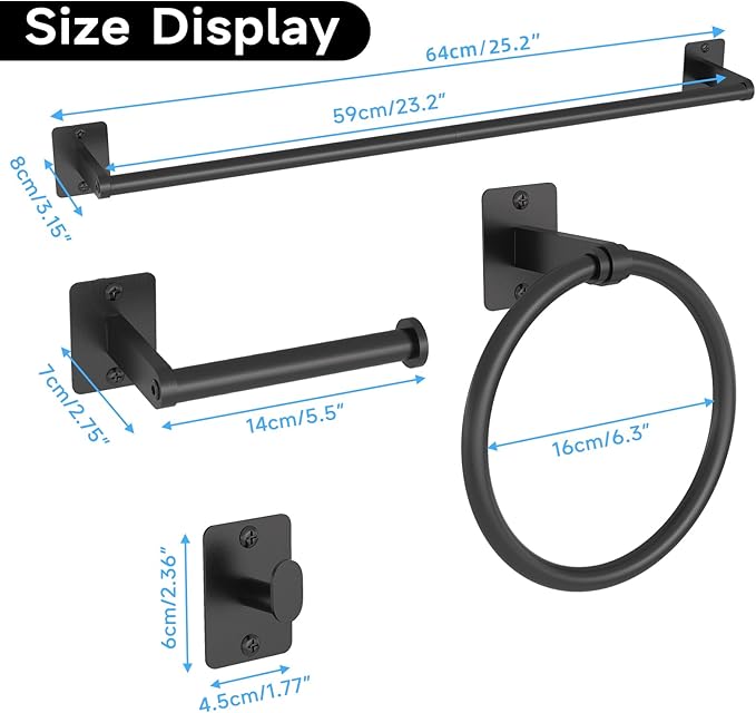 10 Pieces Bathroom Accessories Set, Bathroom Hardware Set, 24 inch Towel Bar, Towel Racks for Bathroom, Robe Towel Hooks, Toilet Paper Holder Wall Mounted, Black