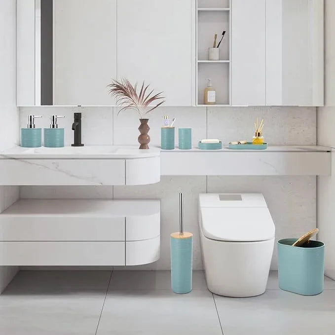XLHOMO Blue Bathroom Set, Light Blue Bathroom Accessories Set with Trash Can, 2PCS Soap Dispensers, Soap Dish, Toothbrush Holder, Toothbrush Cup,Toilet Brush, Tray and Qtip Holders for Bathroom Decor - ModernBath