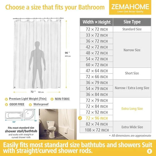 ZEMAHOME Extra Long Clear Plastic Shower Curtain Liner - Lightweight 72" x 96" Transparent Bathroom Shower Showroom Curtain Liner with Rustproof Metal Gromments and Weighted Magnet - ModernBath
