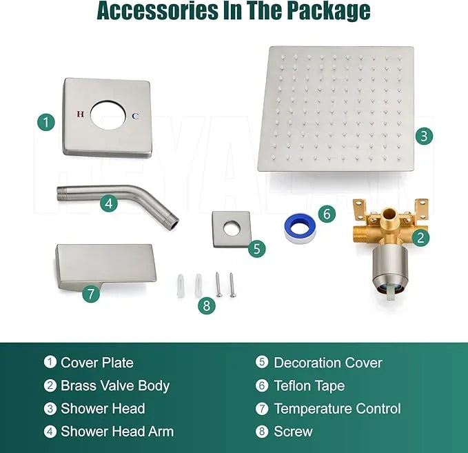 Heyalan 8 Inch Shower Head and Handle Set Square Shower Faucet Set Bathroom Rainfall Shower Faucet Set Stainless Steel Showerhead Single Function Shower Trim Kit,Male Thread Valve,Brushed Nickel - ModernBath