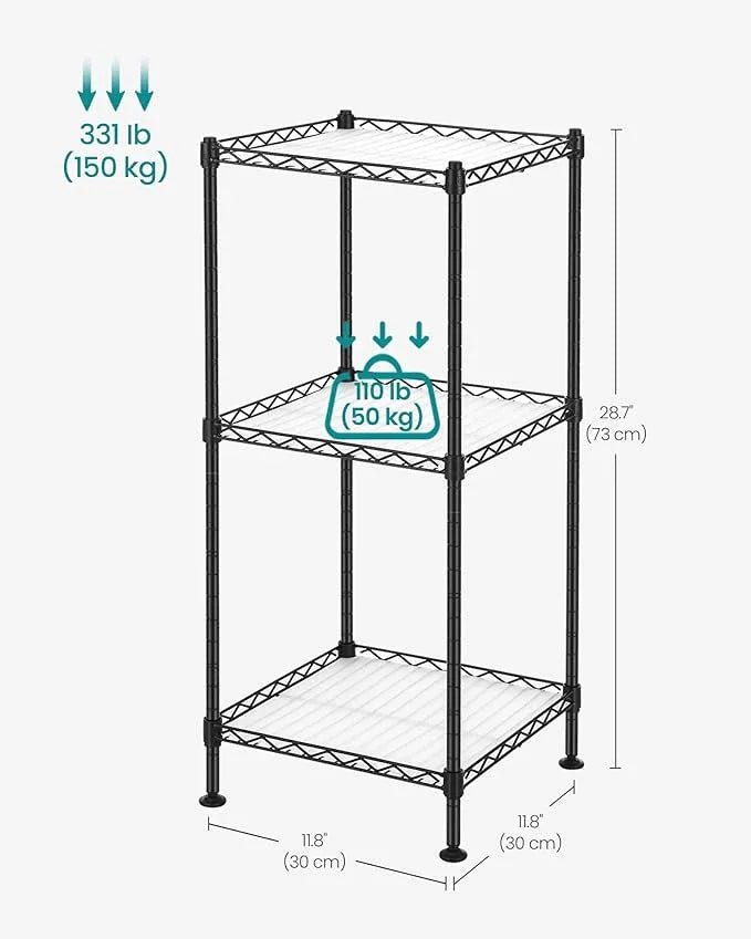 SONGMICS 3-Tier Bathroom Shelf, Storage Rack for Small Space, with 3 PP Shelf Liners, Removable Hook, Extendable Design, Ink Black and Translucent ULGR103B01 - ModernBath