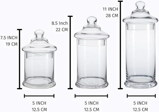 Set of 3 Glass Apothecary Jars with Lids, Clear Bathroom Storage Organizer Canister Set for Qtips, Cotton Swabs, Cotton Balls, Bath Salts (H: 11", 8.5", 7.5", D: 5"; 23 FL.OZ, 34 FL.OZ and 45 FL.OZ) - ModernBath