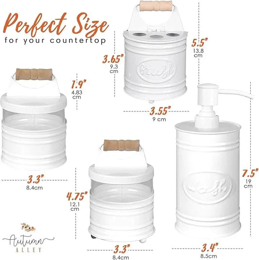 Autumn Alley White Bathroom Accessories Set 4 - Farmhouse Soap Dispenser, Toothbrush Holder, 2 Apothecary Jars Qtip Holder - White Bathroom Decor – Rustic Farmhouse Bathroom Accessories - ModernBath