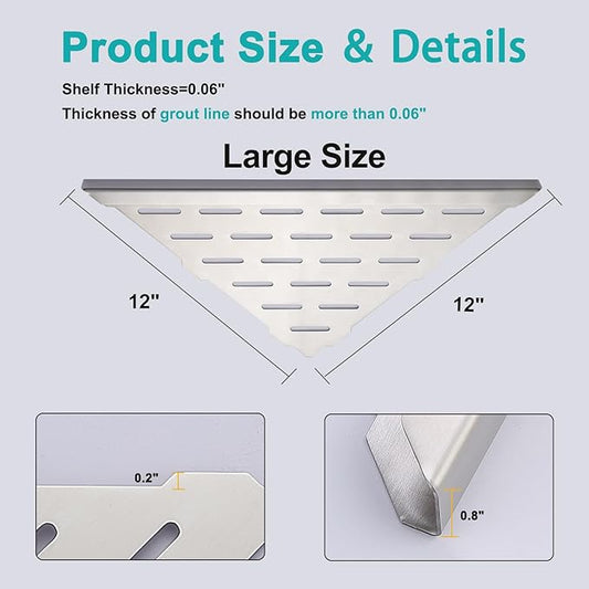12" Corner Shower Shelf, 2-Pack Bathroom Shelves for Tile Walls, SUS304 Stainless Steel Recessed Shower Shelf, Grout in Corner Organizer Shelves, Brushed Silver, Large Size