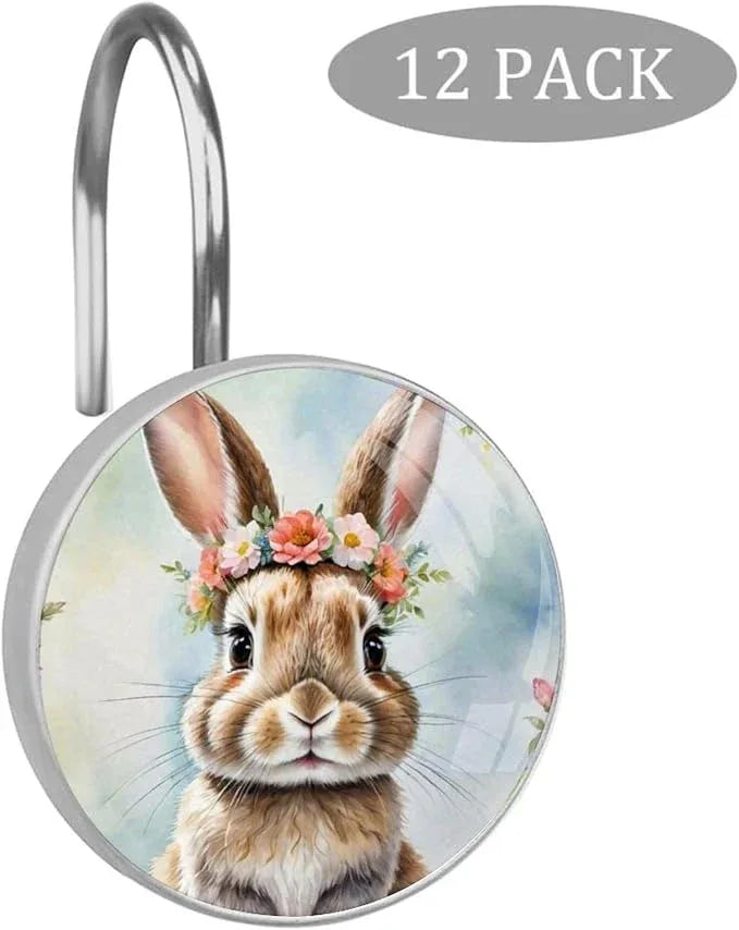 Easter 12pcs Rabbit Shower Curtain Hooks,Decorative Shower Curtain Hanger Rings Roller,Stainless Steel Round Shower Rings Hangers for Bathroom - ModernBath