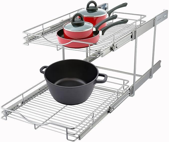 DINDON 2 Tier Pull Out Cabinet Organizer (11" W x 18" D) Heavy-Duty Metal Sliding Drawer Shelf, Two Tier Pull Out Shelves for Kitchen Cabinets, Pantry, Bathroom, Chrome Finish - ModernBath