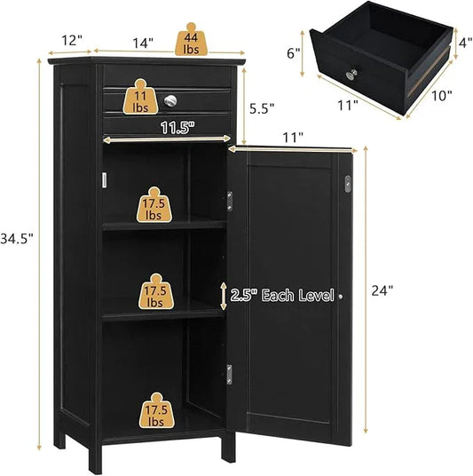 COSTWAY Bathroom Storage Cabinet, Single Door Floor Cabinet with Drawer and 3-Level Adjustable Shelves, Modern Side Storage Organizer with Anti-Tipping Device for Living Room, Bedroom (Black) - ModernBath