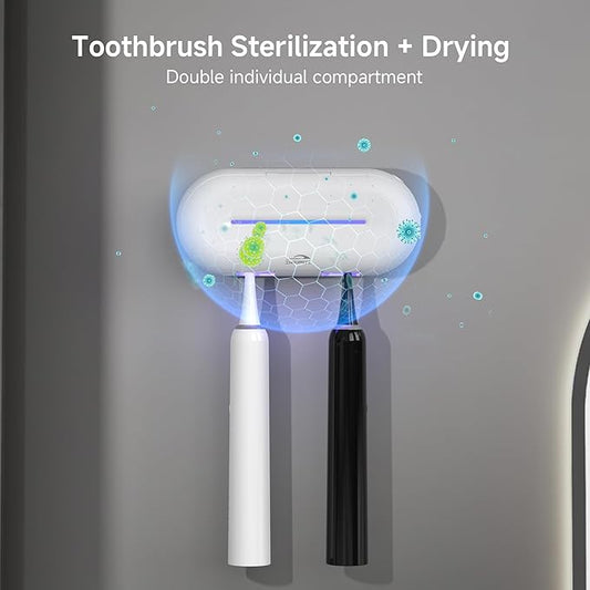 SHGUMITE Toothbrush Holder Sanitizer - Toothbrush Dryer and Cleaner, Wall Mounted Holder with 10000mAh Rechargeable Battery, Triple-Light Cleaning + Rapid Drying System for Bathroom
