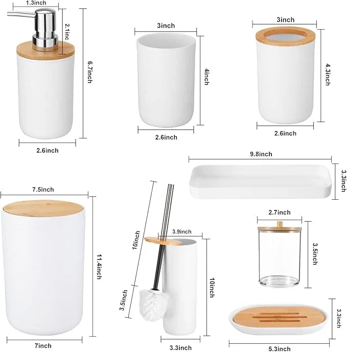 iMucci Bathroom Accessories Set with Trash Can,Toilet Brush,Toothbrush Holder, Lotion Soap Dispenser, Soap Dish,Toothbrush Cup,Qtip Holder(8Pcs White Wood Cover) - ModernBath
