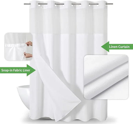 eachope No Hooks Needed Linen Textured Shower Curtain with Snap-in Fabric Liner Set,White Hotel Luxury Decor Shower Curtains for Bathroom with Mesh Top Window,Waterproof & Washable,71Wx77H - ModernBath