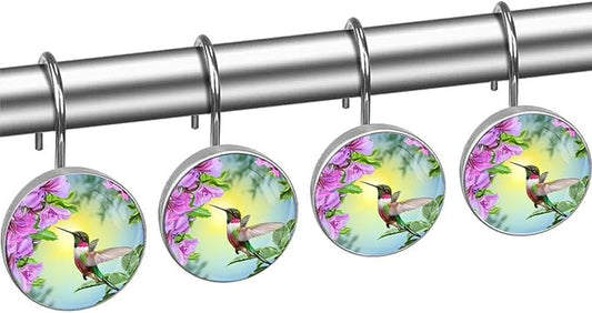 12pcs Shower Curtain Hooks,Spring Bird Decorative Shower Curtain Hanger Rings Roller, Stainless Steel Round Shower Rings Hangers for Bathroom