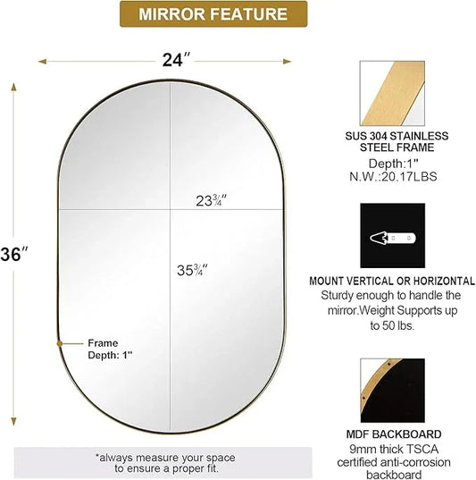 ANDY STAR Gold Oval Mirror, 24’’x36’’ Brass Mirror for Wall, Oval Mirrors for Bathroom in Stainless Steel Metal 1’’ Thin Frame Pill Shaped Hangs Vertical or Horizontal Ideal for Limited Space - ModernBath