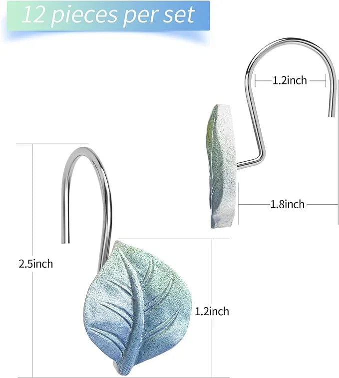 Gibelle 12PCS Leaves Shower Curtain Hooks, Blue Plant Leaf Decorative Shower Curtain Hooks Metal Rustproof Cute Eucalyptus Shower Curtain Rings Bathroom Decoration Accessories - ModernBath