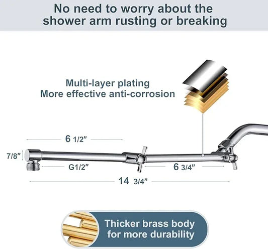 BRIGHT SHOWERS Brass Shower Arm Extender for Rain and Handheld Shower Head, 14 Inch Universal Shower Head Extension Arm, Adjustable Height & Angle, Chrome - ModernBath