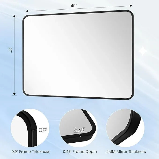 Bonverre 27x40 Inch Rectangle Bathroom Mirror with Black Metal Frame, Rounded Corner Rectangular Vanity Mirror for Wall, Modern Large for Bedroom, Living Room, Horizontal or Vertical - ModernBath