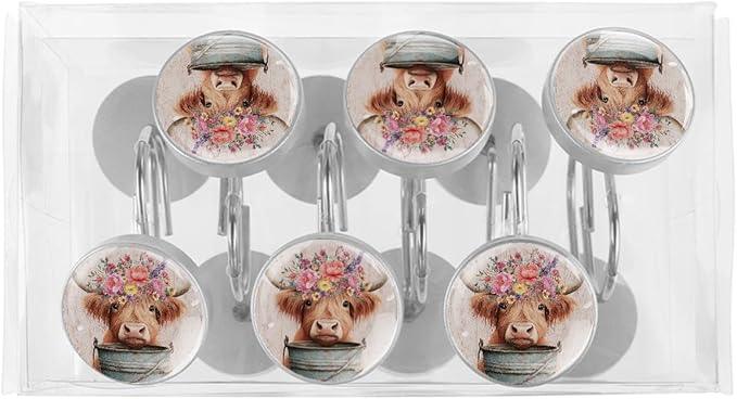 12 Packs Highland Cattle with Florals Decorative Shower Curtain Hooks, Stainless Steel Glass Shower Curtain Rings for Bathroom, Rustproof Metal Curtain Rod Hooks - ModernBath