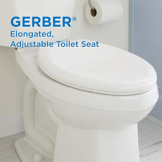 Gerber Elongated Toilet Seat with Cover, Standard Close, Quick & Easy Install, Heavy-Duty Plastic, Adjustable Fit for Standard Elongated Toilets, Durable & Fade-Resistant, White G0099216