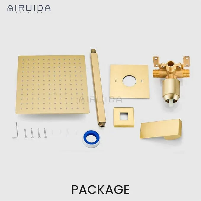 Airuida Shower Faucet Set and Handle Set Single Function Shower Trim Kit Ceiling Mount Rainfall Shower System with Male Threads and Rough-in Valve 12 Inch Square Shower Head Brushed Gold - ModernBath