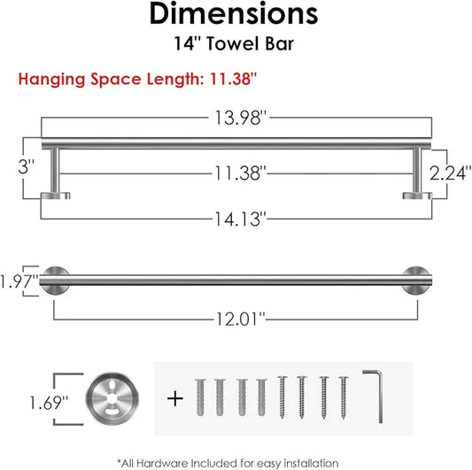 FORIOUS Towel Bar Wall Mounted, Stainless Steel Towel Racks for Bathroom, Includes Wall Mounting Hardware (Brushed Nickel, 14 Inch) - ModernBath