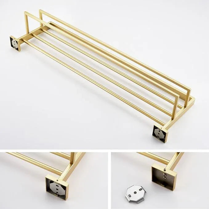 KOKOSIRI 32'' Towel Shelf Holder Bathroom Towel Rack with Two Bath Towel Bars Rails SUS304 Stainless Steel Wall Mount, Brushed Gold B6003BG-L32 - ModernBath