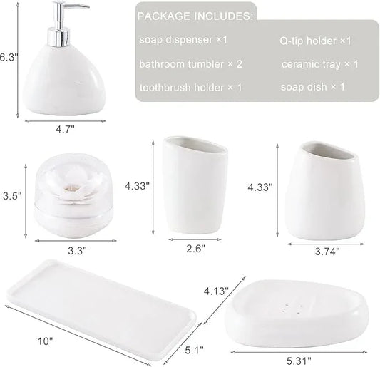 BLBYHO Ceramic Bathroom Accessory Set, 7 Pieces Countertop Accessories, Include Soap Dispenser, Toothbrush Holder, 2 Tumbler Cup, Soap Dish, Plastic Vanity Tray, Qtip Holder (White) - ModernBath