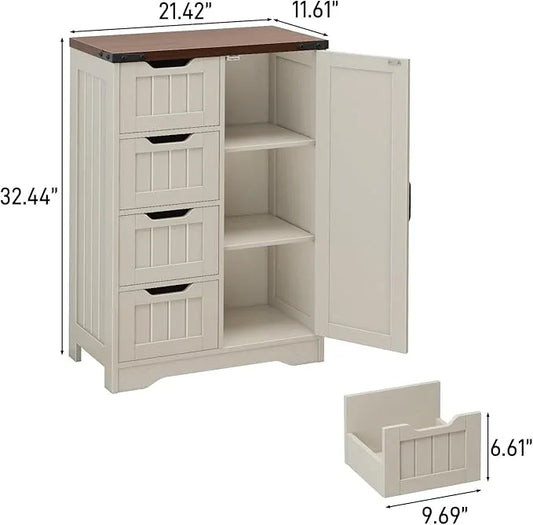 Vabches Farmhouse Bathroom Cabinet, Freestanding Storage Cabinet with 4 Drawers and 1 Door, Rustic Storage Organizer with Adjustable Shelf for Bathroom, Living Room, Entryway,White - ModernBath
