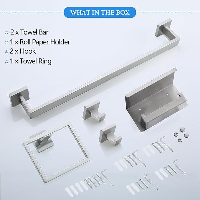 Brushed Nickel Bathroom Towel Bar Set Bathroom Accessories Hardware Set Including Double Towel Bar Towel Ring Coat Hook and Toilet Paper Holder with Shelf. Wall Mounted Stainless Steel - ModernBath