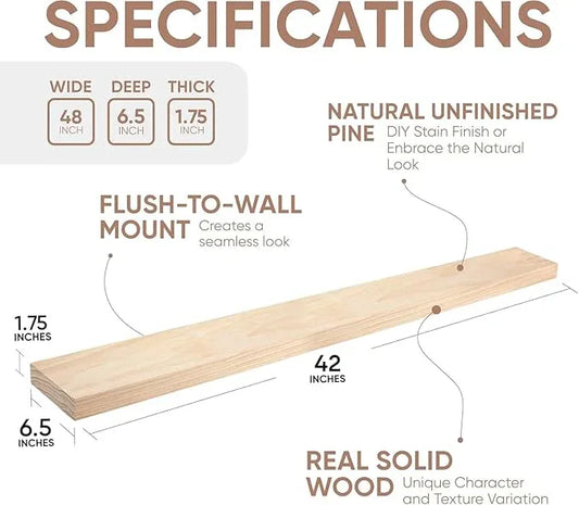 Homeforia 42 inch Wood Floating Shelf, High End Solid Natural Wood 42inch Large Floating Shelves for Wall Mounted, Unfinished Wooden Floating Shelves, Heavy Duty Bracket, 42 X 6.5 X 1.75 in, Set of 2 - ModernBath