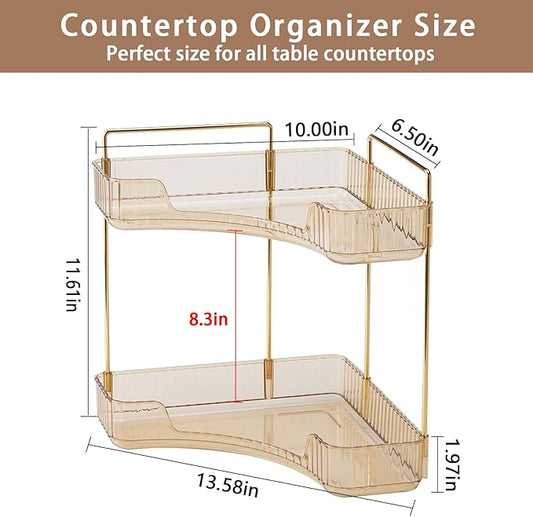 shuang qing 2-Tier Corner Bathroom Counter Organizer – Classic Storage Shelf for Makeup, Perfume & Toiletries, Space-Saving Countertop Tray Fits Bathroom, Dresser, Kitchen (Vintage Gold)
