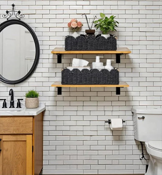 CubesLand Decorative Toilet Paper Storage Basket, Modern Farmhouse Home Decor Basket for Organizing, Scalloped Pantry Baskets for Shelves, Countertop, Living Room, w/Wood Handles, Black 2 Sizes - ModernBath