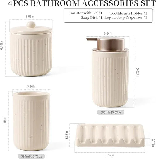 BosilunLife Bathroom Accessories Set - Ceramic Bathroom Set Bathroom Decor Sets Bathroom Counter Lotion Soap Dispenser and Toothbrush Holder Set, Soap Dish, Apothecary Jar (Striped Apricot) - ModernBath