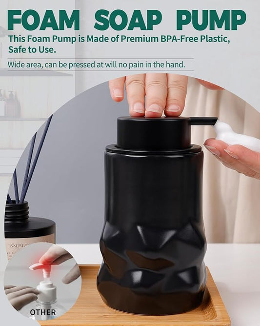 BosilunLife Hand Soap Dispenser - Foam Soap Dispenser Bathroom Ceramic Dish Liquid Soap Dispenser for Kitchen, Bathroom Countertop Soap Dispensers (Black-Foam-Sculpt)