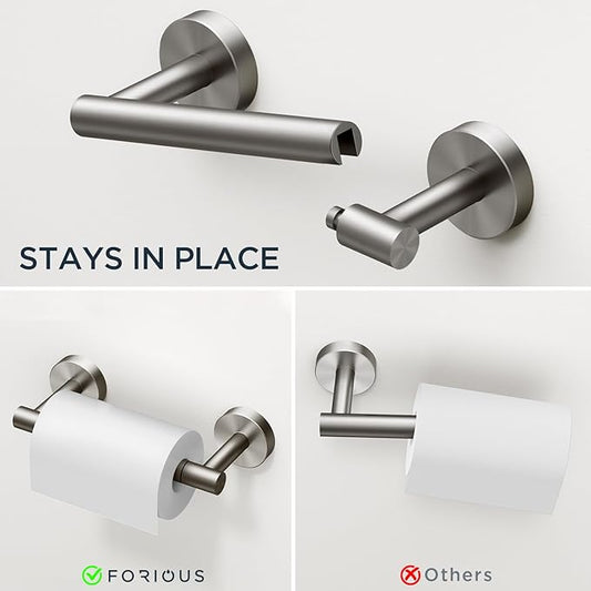 FORIOUS 4 Piece Bathroom Accessories, SUS304 Stainless Steel Double Post Pivoting Toilet Paper Holder, Towel Ring and 2 Towel Hooks, Wall Mounted Bathroom Hardware Set (Brushed Nickel)