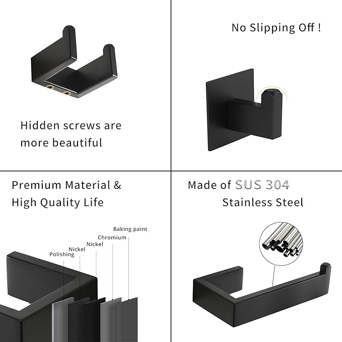 Fapully 23.6-Inch 6 Piece Bathroom Hardware Accessories Set Stainless Steel Wall Mounted Matte Black Include Towel Bar,Hand Towel Holder,Toilet Paper Holder,Robe Towel Hook,Coat Hook,Towel bar Set.