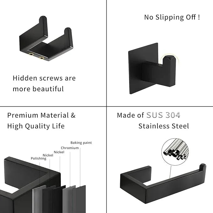 Fapully 23.6-Inch 6 Piece Bathroom Hardware Accessories Set Stainless Steel Wall Mounted Matte Black Include Towel Bar,Hand Towel Holder,Toilet Paper Holder,Robe Towel Hook,Coat Hook,Towel bar Set. - ModernBath