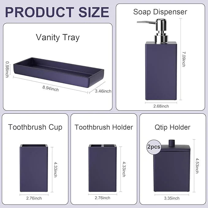 Navy Blue Bathroom Accessories Set Resin 6PCS, Square Toothbrush Holders Set Complete with Soap Dispenser, Vanity Tray, Tumbler, Cups and Cotton Swab Jars for Counter, Sink or Small Spaces - ModernBath