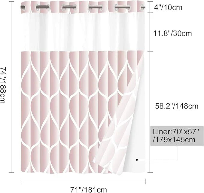 Yiatn No Hook Rosewater Pink Shower Curtain with Snap in Fabric Liner Set - Hotel Style with See Through Mesh Top Window, Modern Geometric Waterdrop Design,Waterproof and Washable, 71x74 INCH - ModernBath