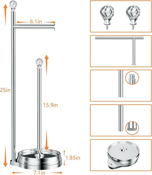 Toilet Paper Holder for Bathroom, Heavy Weighted Metal Free Standing Toilet Paper Holder Stand with Crystal Ball, Toilet Paper Roll Stand for Bathroom Accessories - ModernBath