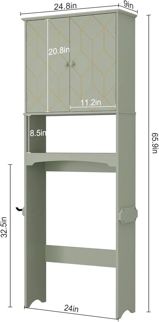 Over The Toilet Storage Cabinet with Gold Trim, Modern Bathroom Organizer Over Toilet with Adjustable Shelves and Toilet Paper Holder for Bathroom (Green) - ModernBath
