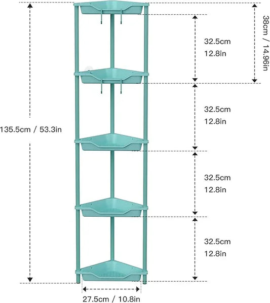 Orimade Rustproof 5 Tier Floor Standing Corner Shower Caddy Organizer, Plastic Metal Splicing Floor Corner Shelf Rack Stands for Bathroom, Blue - ModernBath