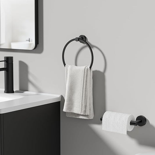 Toilet Paper Holder and Towel Ring Set 2PCS Wall Mount, Matte Black Bathroom Hardware Set, Stainless Steel Hand Towel Holder Toilet Paper Roll Holder Set, Bathroom Accessories for Bathroom Kitchen