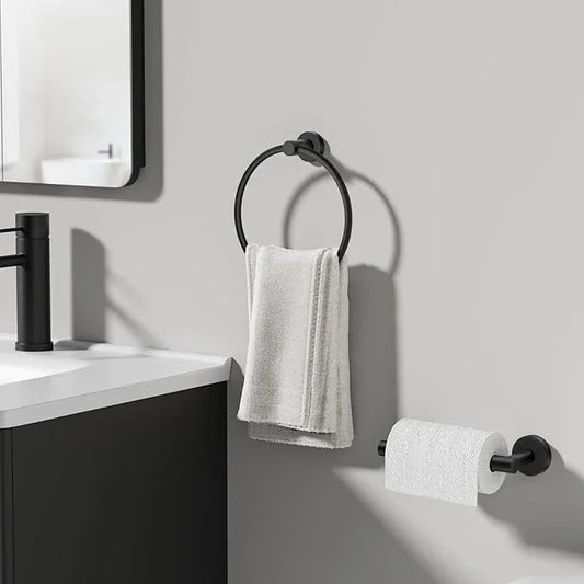 Toilet Paper Holder and Towel Ring Set 2PCS Wall Mount, Matte Black Bathroom Hardware Set, Stainless Steel Hand Towel Holder Toilet Paper Roll Holder Set, Bathroom Accessories for Bathroom Kitchen - ModernBath