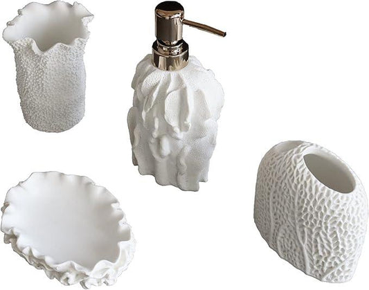 Hymmah Bathroom Accessories Set,Coral Seashell Design Toothbrush Holder,Farmhouse Bathroom Decor,4 Pcs Resin Gift Set Apartment Necessities, Contain Toothbrush Cup,Soap Dispenser,Soap Dish,Tumbler - ModernBath