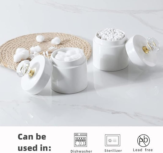 ONTUBE Porcelain Cotton Swabs Holder Organizer with Crystal Lid and Easy to Clean, White (Gold Lid,Set of 2)